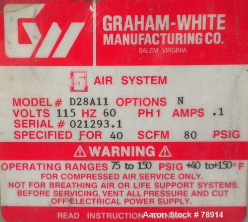 Used Graham-White Manufacturing Company "Five-In-One" Air System, Model D28A11. Operating pressure 75 PSIG to 150 PSIG. Standard operating temperature between 40 - 150 Degrees F. Specified for 40 SCF...