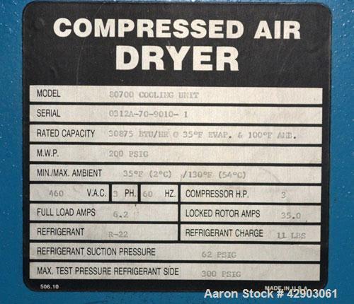 Used Hankison Compressed Air Dryer, Model 80700 CU. Rated capacity 30875 BTU/HR at 35 degrees F. evap., & 100 degrees F. amb. Maximum pressure 200 psig. Refrigerant charge 11 lbs of R-22. Refrigerant...