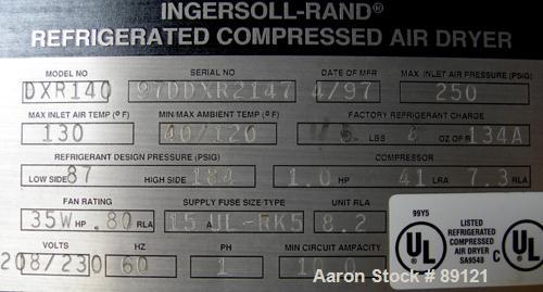 Used Ingersoll Rand Refrigerated Air Dryer, Model DXR140. Rated 140 cfm at approximately 35 degrees F. at 250 psi. Maximum inlet air temperature 130 degrees F.