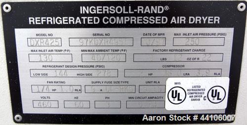 Used Ingersoll-Rand Refrigeration Air Dryer, model DXR425. Nominal air-flow 425 cfm, maximum pressure 250 psi. Type R22 refrigerant.