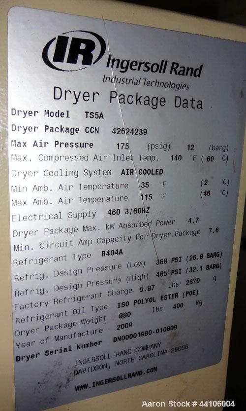 Used Ingersoll- Rand Refrigerated Air Dryer, Model TS5A. Nominal air-flow 826 cfm, maximum pressure 175 psi. Type R404A refrigerant. Includes an Intellisys controller. Built 2009.