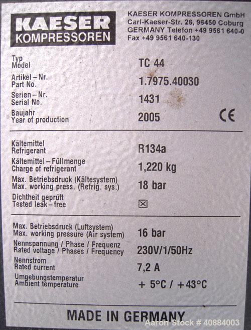 Used Kaeser Refrigerated Compressed Air Dryer, Model TC 44.  Rated 170 cfm at approximately 41 degrees F at 232 psi.  Built 2005.