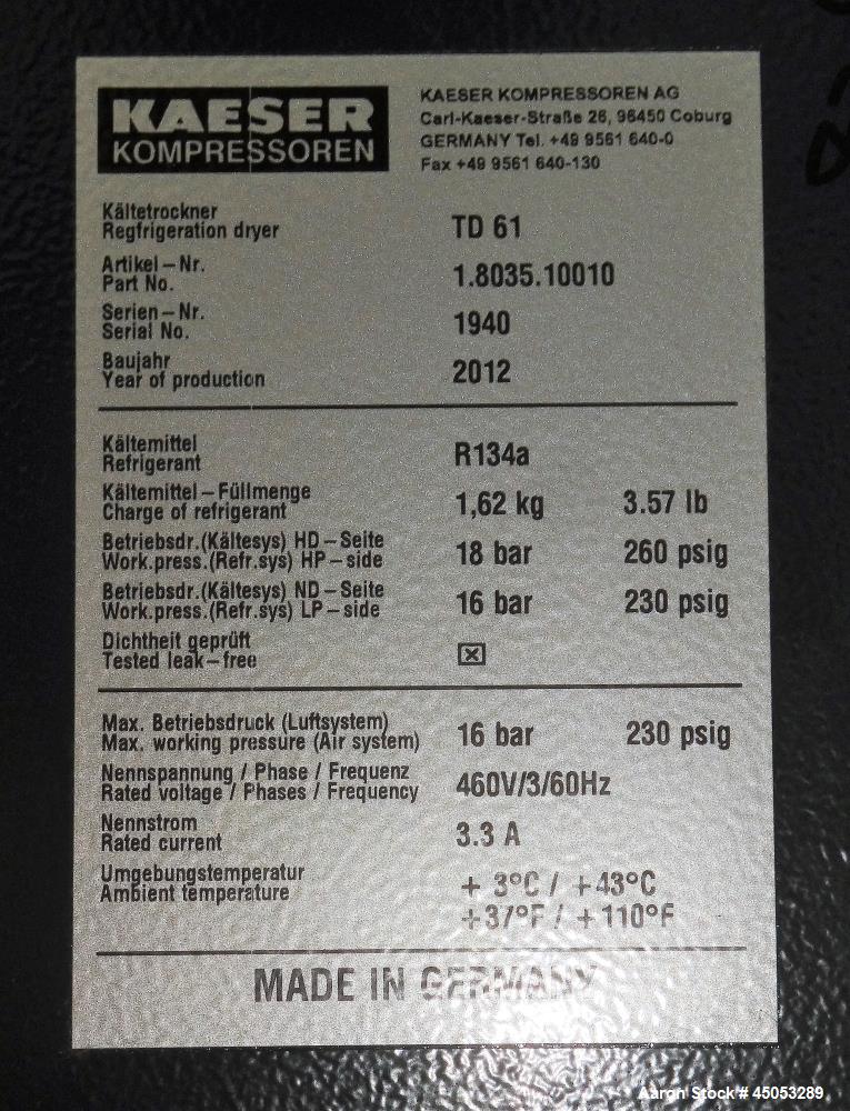 Used Kaeser Refrigerated Compressed Air Dryer, Model TD61.