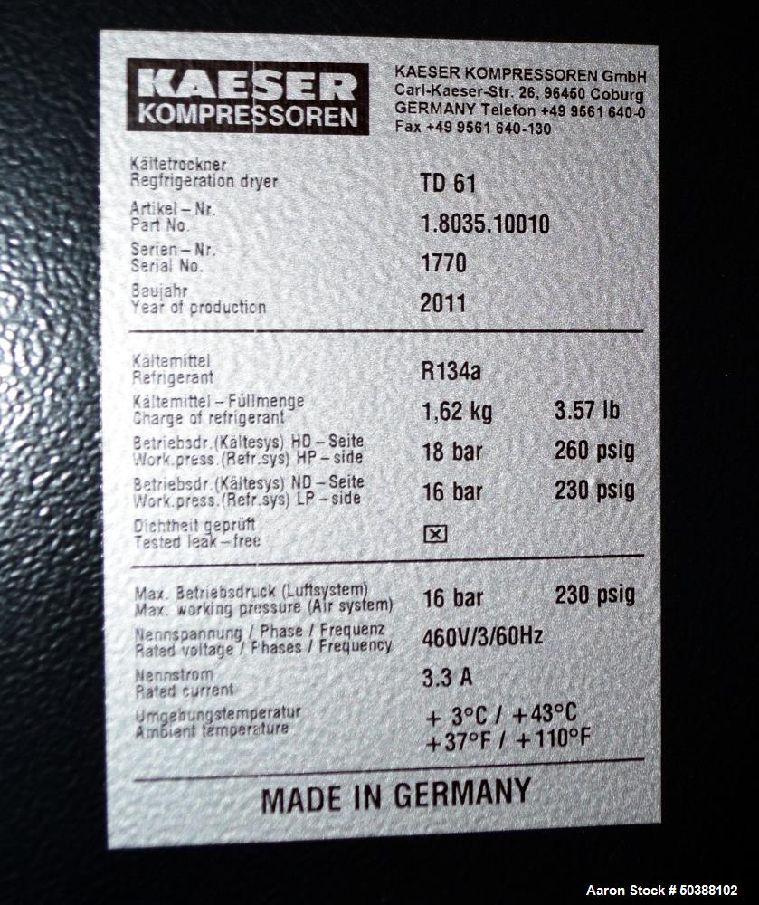 Used Kaeser Air Dryer, Model TD 61, 247 CFM. Serial# 1770, built 2011.