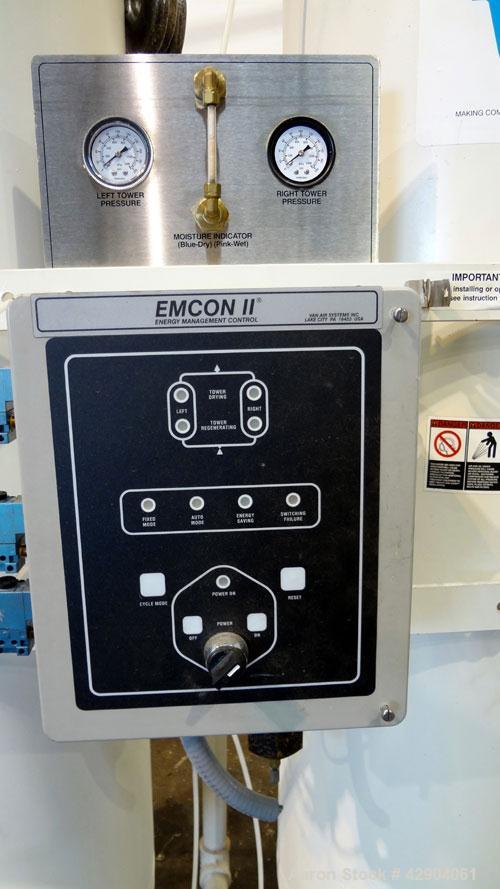 Used Van Air Systems Heatless Regenerative Desiccant Air Dryer, Model HL375-142. System is rated for 375 cfm at minimum 60 to a maximum of 150 psig, minimum/maximum inlet temperature 40 to 120 degree...
