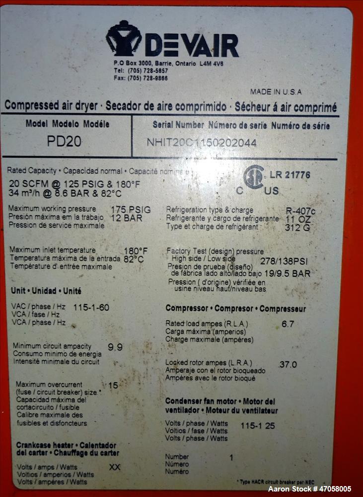 Used DeVair Air Dryer, Model PD20.
