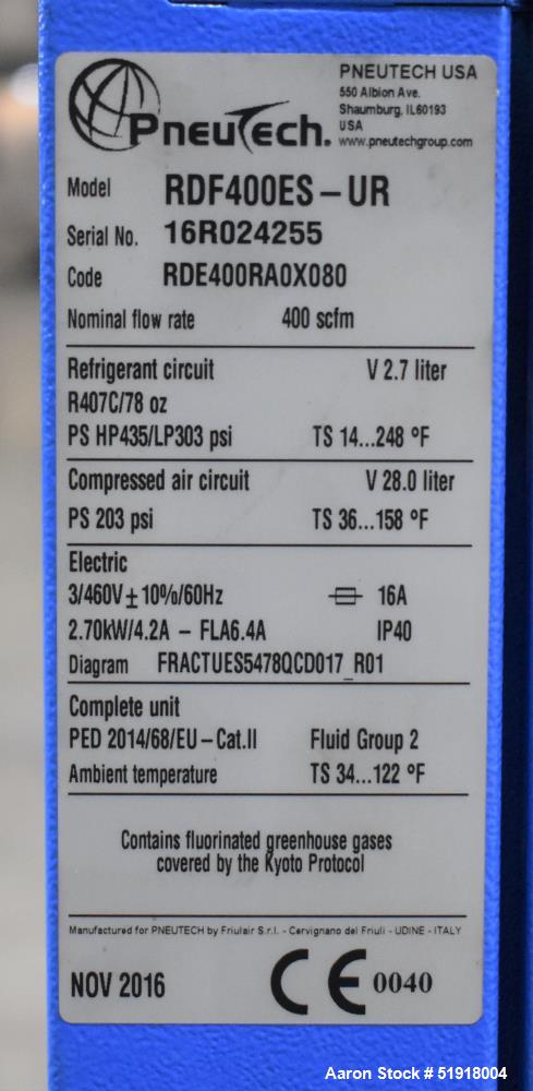 Used- Pneutech Non-Cycling Refrigerated Dryer, Model RDF400ES-UR