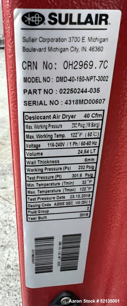 Unused in Box. Sullair Regenerative Air Dryer Product Series Desiccant Modular Dryer, Model DMD-40, Sullair Part Number 02250244-035. Vessel Diameter 5", Vessel Height 40", Vessel Thickness 1/3". Pur...