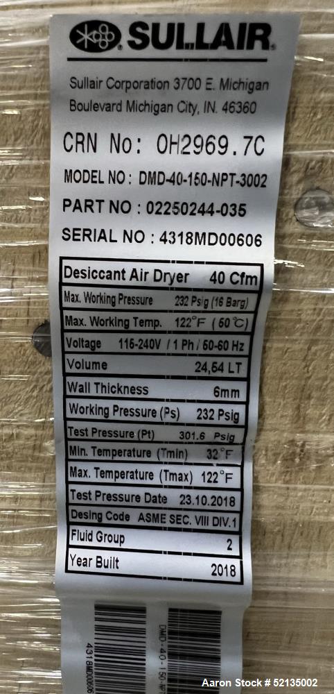 Unused in Box. Sullair Regenerative Air Dryer Product Series Desiccant Modular Dryer, Model DMD-40, Sullair Part Number 0225...