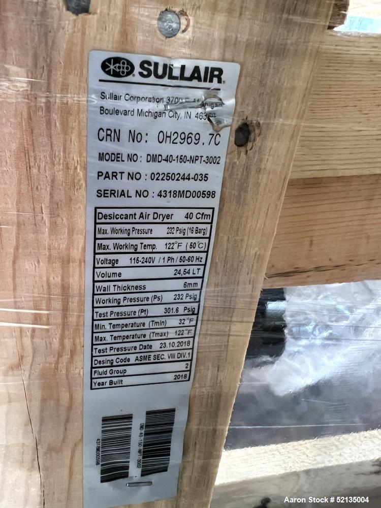 Unused in Box. Sullair Regenerative Air Dryer Product Series Desiccant Modular Dryer, Model DMD-40, Sullair Part Number 0225...