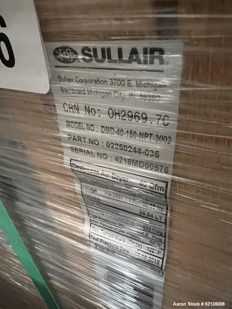 Unused in Box. Sullair Regenerative Air Dryer Product Series Desiccant Modular Dryer, Model DMD-40, Sullair Part Number 0225...