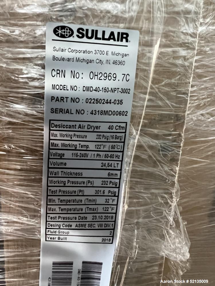 Unused in Box. Sullair Regenerative Air Dryer Product Series Desiccant Modular Dryer, Model DMD-40, Sullair Part Number 0225...