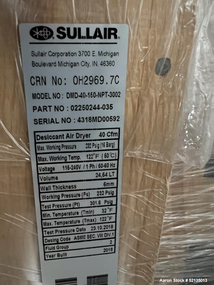 Unused in Box. Sullair Regenerative Air Dryer Product Series Desiccant Modular Dryer, Model DMD-40, Sullair Part Number 0225...