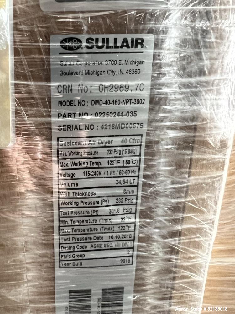 Unused in Box. Sullair Regenerative Air Dryer Product Series Desiccant Modular Dryer, Model DMD-40, Sullair Part Number 0225...