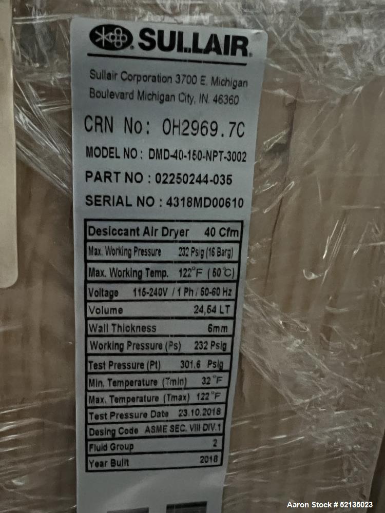 Unused in Box. Sullair Regenerative Air Dryer Product Series Desiccant Modular Dryer, Model DMD-40, Sullair Part Number 0225...