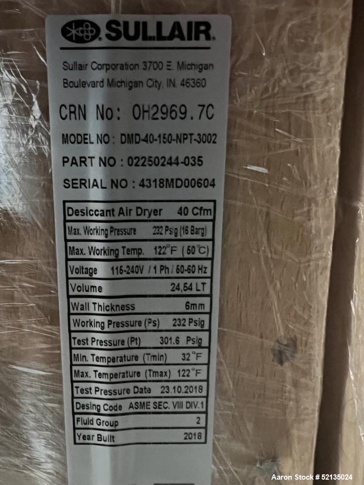 Unused in Box. Sullair Regenerative Air Dryer Product Series Desiccant Modular Dryer, Model DMD-40, Sullair Part Number 0225...