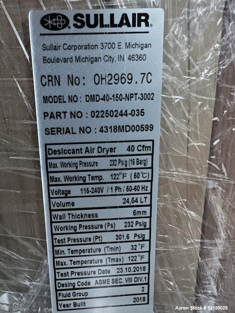 Unused in Box. Sullair Regenerative Air Dryer Product Series Desiccant Modular Dryer, Model DMD-40, Sullair Part Number 0225...