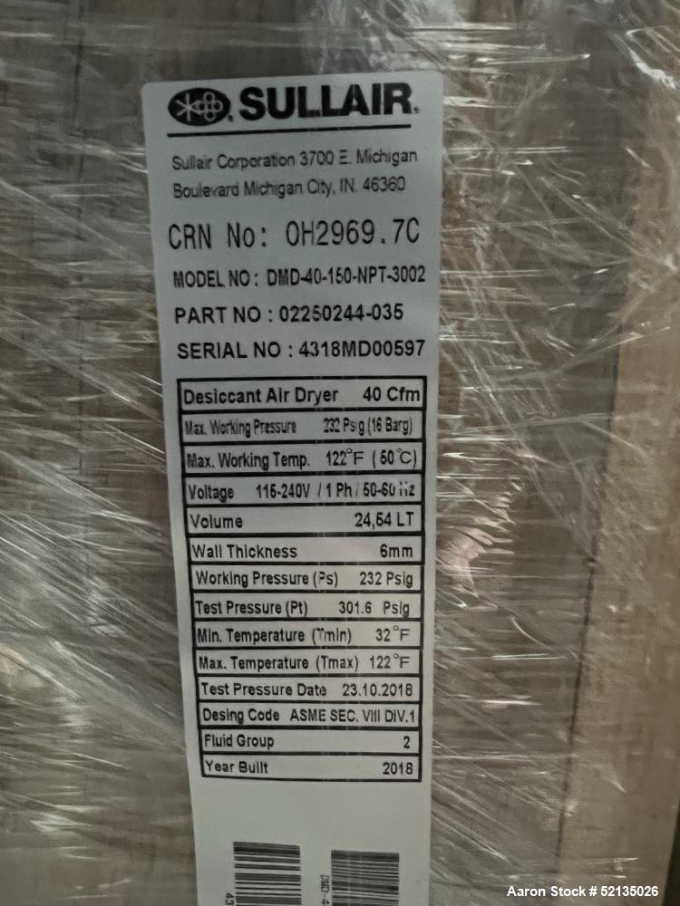 Unused in Box. Sullair Regenerative Air Dryer Product Series Desiccant Modular Dryer, Model DMD-40, Sullair Part Number 0225...