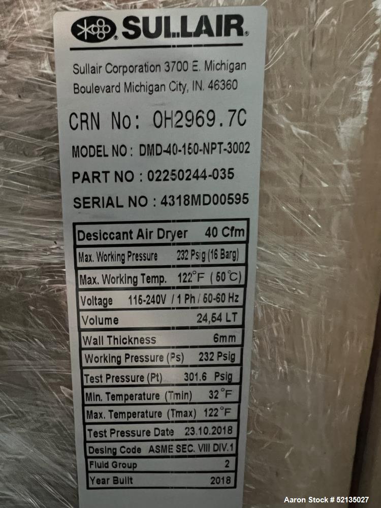 Unused in Box. Sullair Regenerative Air Dryer Product Series Desiccant Modular Dryer, Model DMD-40, Sullair Part Number 0225...