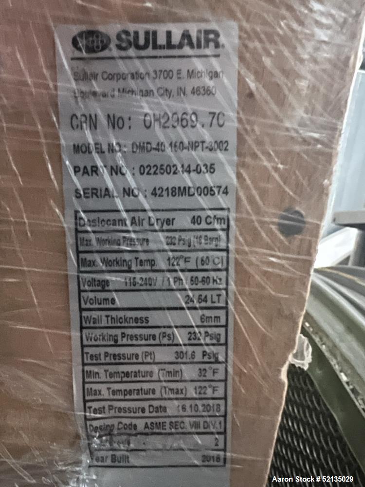 Unused in Box. Sullair Regenerative Air Dryer Product Series Desiccant Modular Dryer, Model DMD-40, Sullair Part Number 0225...