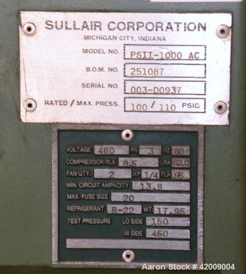 Used Sullair Refrigerated Air Dryer, model PSII-1000AC. Approximate 1000 cfm at 100/110 psi. Approximate 17 pound charge of R-22 refrigerant. 3/60/460 volt. Mounted on an I-beam frame.