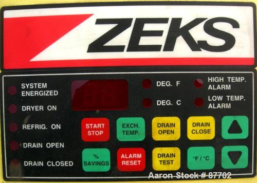 USED: Zeks heatsink refrigerated air dryer, model 400HSEA40F. Rated 400 scfm at 38 deg F, max working 300 psig. 4 pound charge of R22 refrigerant, 3/60/460 volt. Built 1987.