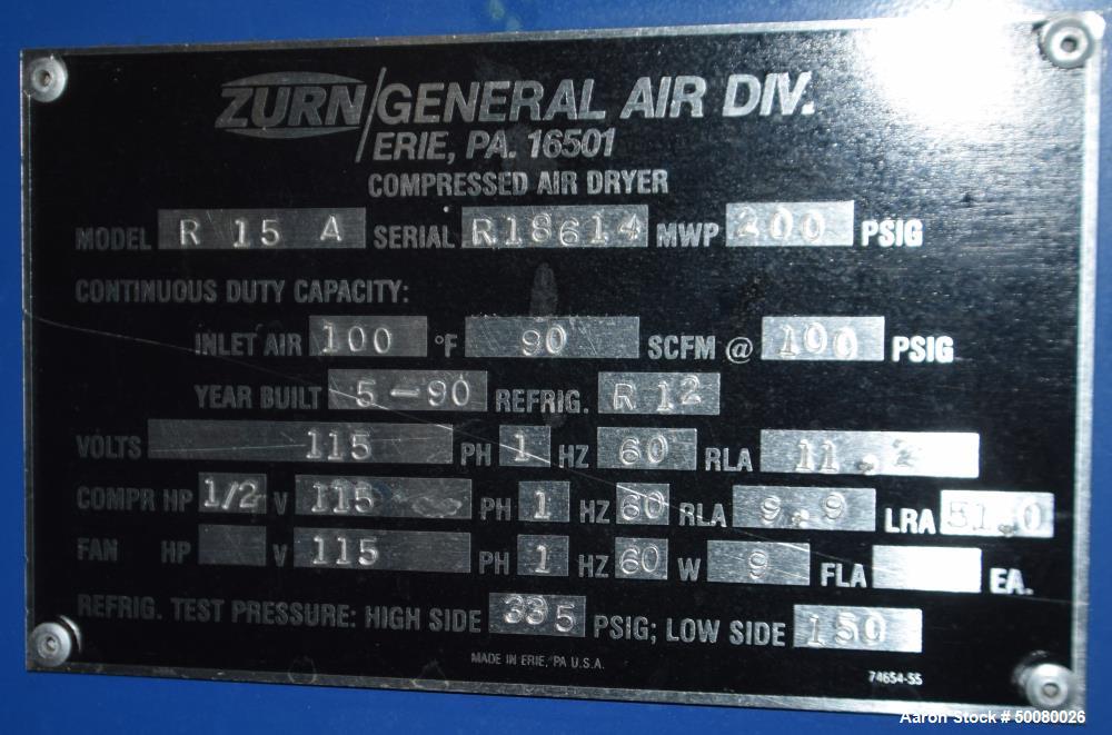 Used Zurn Compressed Air Dryer, Model R15A