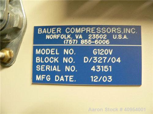 Used Bauer Nitrogen Compressor, Model G120V. Manufactured 12/03 but was run only 5 hours.