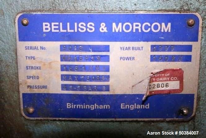 Used Belliss & Morcom 250 hp High-Pressure Reciprocating Compressor, Model VH15H3N, Serial # 9082, Stroke 165.1 MM, 750 Max. RPM, 45.5 Bar G Pressure, with Teco 1780 RPM Motor, 575 Volts, with SPX Hi...