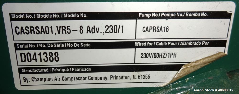 Used Champion Air Compressor, Approx 5 HP. Tank mounted, Reciprocating.