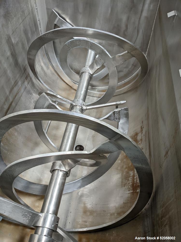 Used Jacketed Double Spiral Ribbon Blender / Chocolate Melter, 304 Stainless Steel. Approximate 40 Cubic Feet working capacity. Jacketed trough approximately 36" wide x 60" long x 42" deep. Jacket ra...