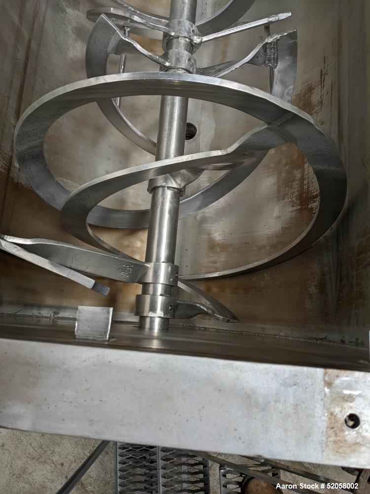 Used Jacketed Double Spiral Ribbon Blender / Chocolate Melter, 304 Stainless Steel. Approximate 40 Cubic Feet working capacity. Jacketed trough approximately 36" wide x 60" long x 42" deep. Jacket ra...