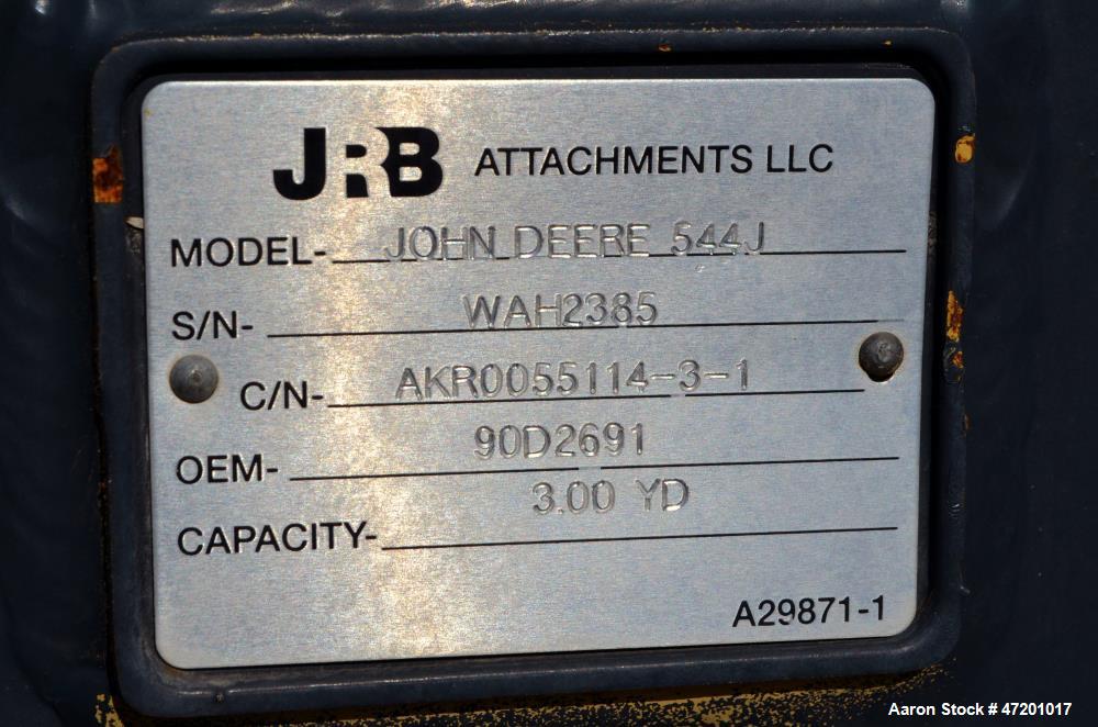 Used JRB Front End Loader 3 Yard Bucket. For a model 544J John Deere. Serial# WAH2385.
