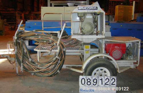 USED: Sprayforce fireproofing/plaster finishing machine, model Calibur. Includes a Wisconsin gas powered engine mixer and a gas powered pump. Unitized on a trailer. Built 1989.