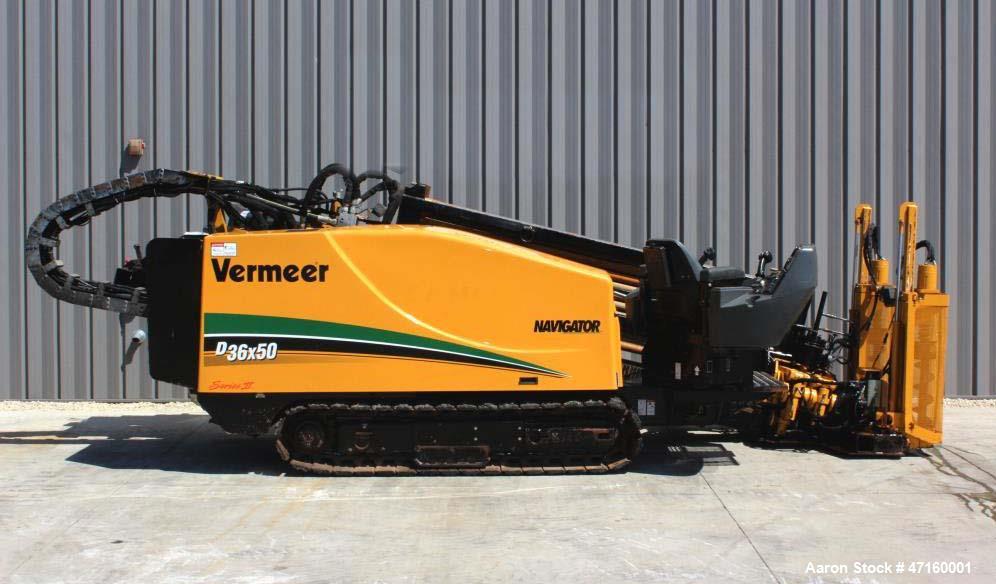 Used 2008 Vermeer D36X50II Navigator with 140 hp. John Deere Diesel Engine. Machine features 36,000 lbs. of thrust and pullback, 4995 ft. lbs. of torque, 50 GPM FMC Water Pump at 850 psi. 500' of use...