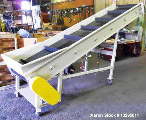 Used- One 36" wide x 13' long conveyor with bottom hopper. Painted with new cleated belt. On casters with adjustable legs.