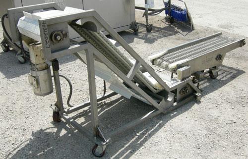 Used Inclined "S" shaped conveyor, 304 stainless steel frame. 16" wide cleated plastic belt, 12" long bottom infeed section, 42" long incline section, 14" long top discharge section, approximate 40" ...