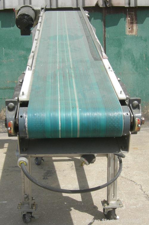 Used Sager Incline Belt Conveyor. 12" wide x approximately 80" long belt.  Driven by a 1/2 hp, 3/60/230/460 volt, 1730 rpm motor thru reducer.  Includes an E-trac AC inverter.  Mounted on a stainless...