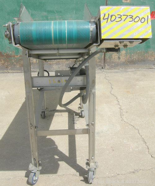 Used Sager Incline Belt Conveyor. 12" wide x approximately 80" long belt.  Driven by a 1/2 hp, 3/60/230/460 volt, 1730 rpm motor thru reducer.  Includes an E-trac AC inverter.  Mounted on a stainless...