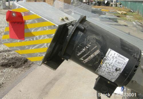 Used Sager Incline Belt Conveyor. 12" wide x approximately 80" long belt.  Driven by a 1/2 hp, 3/60/230/460 volt, 1730 rpm motor thru reducer.  Includes an E-trac AC inverter.  Mounted on a stainless...