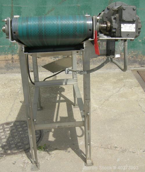 Used Sager Incline Belt Conveyor.  12" wide x approximately 80" long belt.  Driven by a 1 hp, 3/60/230/460 volt, 1725 rpm motor thru reducer, ratio 7.5:1.  Includes an E-trac AC inverter.  Mounted on...