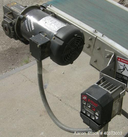 Used Sager Incline Belt Conveyor.  12" wide x approximately 80" long belt.  Driven by a 1 hp, 3/60/230/460 volt, 1725 rpm motor thru reducer, ratio 7.5:1.  Includes an E-trac AC inverter.  Mounted on...