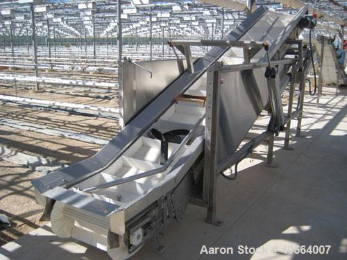 Used Incline conveyor 20 inch wide x 14 feet long to 6 foot high elevation with air cylinder to raise and lower the infeed section.  Hopper side walls to fill with chilled water, used as quench tank ...