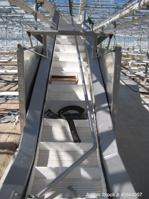 Used Incline conveyor 20 inch wide x 14 feet long to 6 foot high elevation with air cylinder to raise and lower the infeed section.  Hopper side walls to fill with chilled water, used as quench tank ...