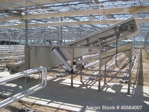 Used Incline conveyor 20 inch wide x 14 feet long to 6 foot high elevation with air cylinder to raise and lower the infeed section.  Hopper side walls to fill with chilled water, used as quench tank ...