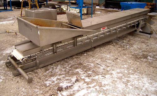 Used Heat and Control Inclined Belt Conveyor. 16" wide x 192" long plastic belt with 2" high pleats. Bottom feed with hopper, end discharge with 2 sided diverter. Driven by a 1 hp, 3/60/575 volt, 172...