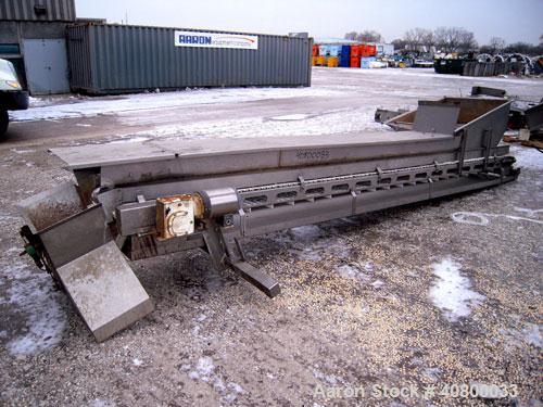 Used Heat and Control Inclined Belt Conveyor. 16" wide x 192" long plastic belt with 2" high pleats. Bottom feed with hopper, end discharge with 2 sided diverter. Driven by a 1 hp, 3/60/575 volt, 172...