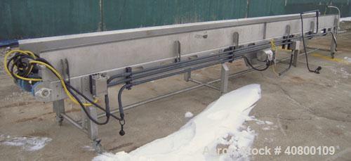 Used Heat and Control Deoiler Belt Conveyor, Model CV-BT-PL, 304 stainless steel. 18" wide x 280" long belt, driven by a 1/2 hp, 3/60/575 volt, 1740 rpm gearmotor. Mounted on a stainless steel frame ...