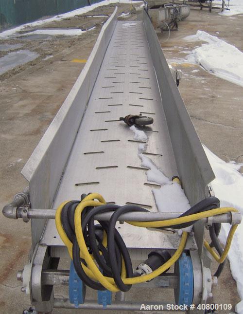 Used Heat and Control Deoiler Belt Conveyor, Model CV-BT-PL, 304 stainless steel. 18" wide x 280" long belt, driven by a 1/2 hp, 3/60/575 volt, 1740 rpm gearmotor. Mounted on a stainless steel frame ...