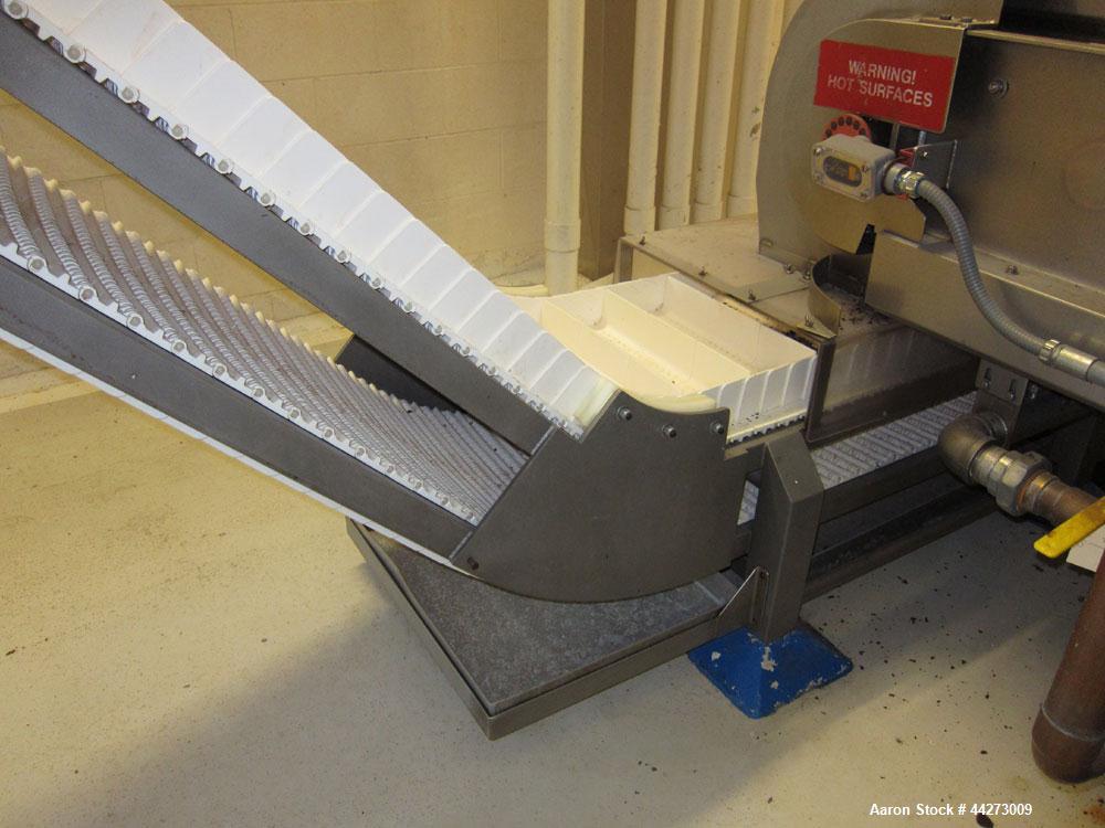 Used 17'' Wide x Approximate 13 ft High Inclined Plastic Interlocking Cleated Stainless Steel Conveyor